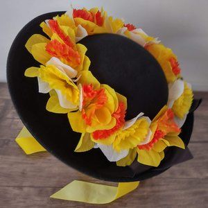 Vintage Black 100% Wool Ladies Hat, with Faux Floral Daffodil Design
